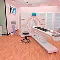 Medical Examination Room With Pink Walls Wooden Flooring And CT Scanner Setup