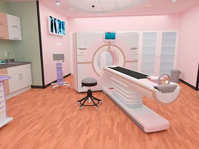 Medical Examination Room With Pink Walls Wooden Flooring And CT Scanner Setup 3d model
