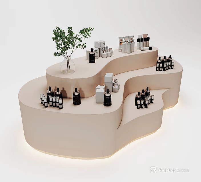 Modern Curved Display Shelf With Bottled Products And Small Tree Decoration 3d model 