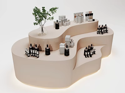 Modern Curved Display Shelf With Bottled Products And Small Tree Decoration 3d model