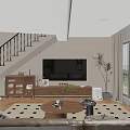 Cozy Modern Living And Dining Room With Natural Wood Furniture And Large Window Sheer Curtains
