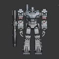 Detailed Gray Mech Robot with Red Joints Purple Chest Holding Weapon