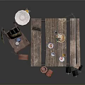 Rustic Outdoor Picnic Area With Wooden Table Chair Bird Bath Flower Pots And Bird Houses