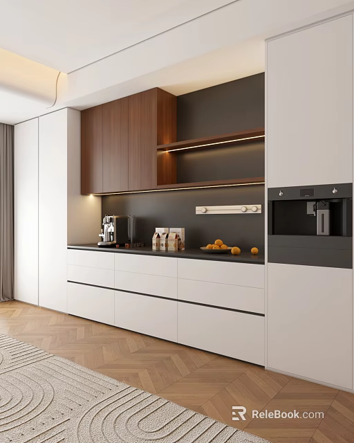 Modern Decorative Cabinet With White Wooden Design Coffee Machine Bottles And Oranges On Dark Wall 3d model 