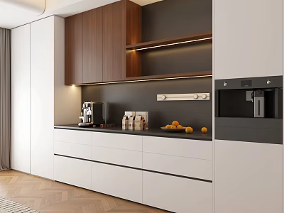 Modern Decorative Cabinet With White Wooden Design Coffee Machine Bottles And Oranges On Dark Wall 3d model