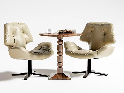 Beige Leather Dining Set With Comfortable Swivel Chairs And Round Wooden Table 3d model