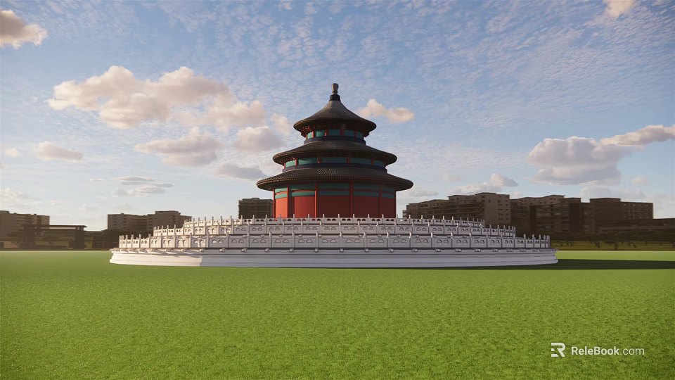 Ancient Chinese Temple Architecture With Multiple Tiered Roof Red Walls And Green Lawn 3d model 