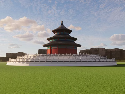 Ancient Chinese Temple Architecture With Multiple Tiered Roof Red Walls And Green Lawn 3d model