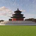 Ancient Chinese Temple Architecture With Multiple Tiered Roof Red Walls And Green Lawn