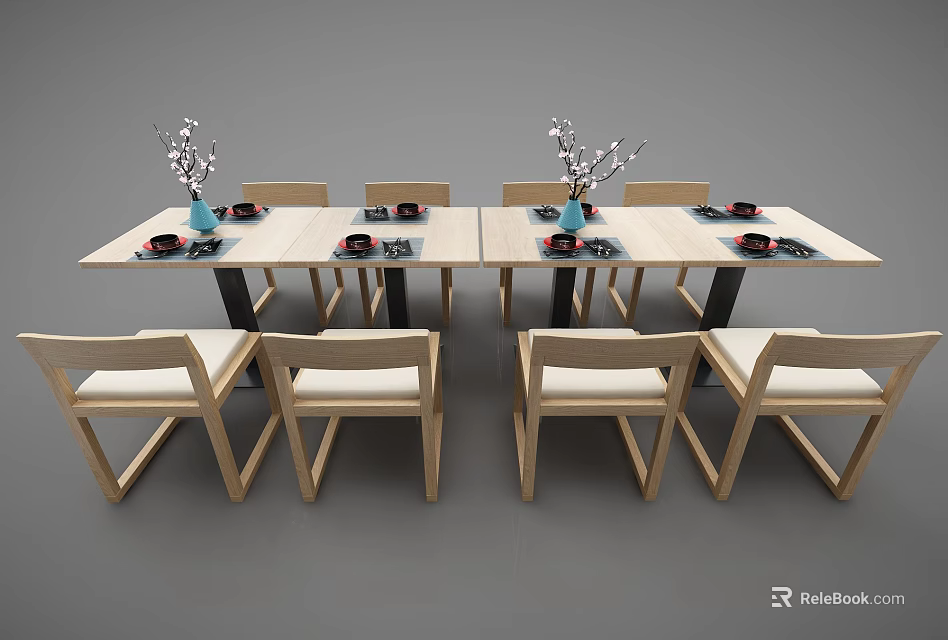 Light Wood Dining Table Set With Six Chairs Vases And Tableware 3d model
