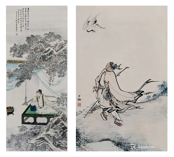 Traditional Chinese Landscape Painting With Pine Trees Figures And Flying Birds 3d model 