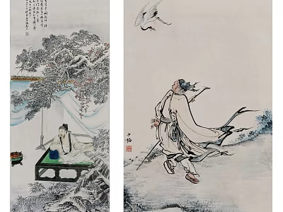 Traditional Chinese Landscape Painting With Pine Trees Figures And Flying Birds 3d model