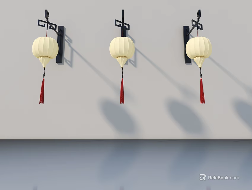 Stylish Swing Door With White Lanterns Black Brackets And Red Tassels 3d model 