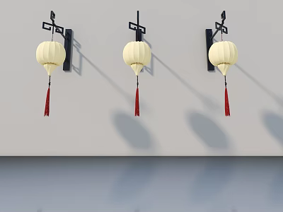 Stylish Swing Door With White Lanterns Black Brackets And Red Tassels 3d model