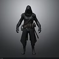 Mysterious Man In Hooded Cloak With Leather Belt Pouches And Dark Outfit