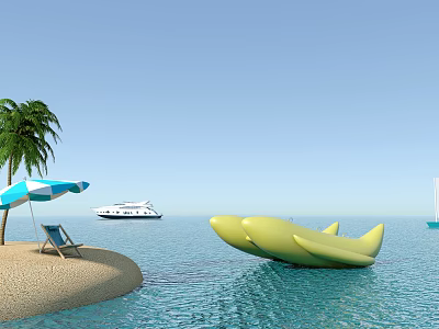 Coastal Garden Landscape With Beach Palm Tree Lounge Chair Umbrella Yellow Banana Float And Yacht 3d model