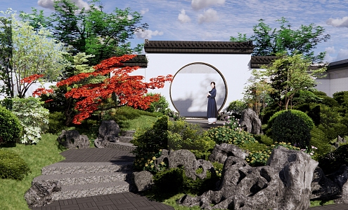 New Chinese Courtyard Demonstration Area Landscape Garden Step Stone Stairs Taihu Stone Moon Cave Door Landscape Wall House Access 3d model