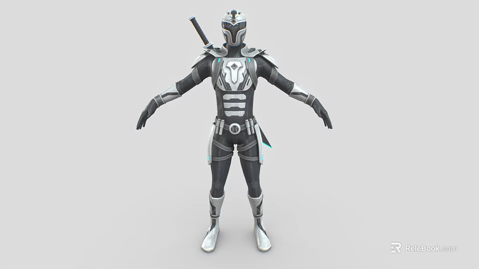 Futuristic Game Movie Character in Black Silver Armor with Blue Accents and Sword 3d model 