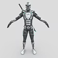 Futuristic Game Movie Character in Black Silver Armor with Blue Accents and Sword