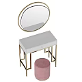 Stylish Modern Dressing Table With Round Gold Frame Mirror And Pink Velvet Stool