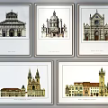 Vintage Classic Architectural Illustrations Featuring Various Building Styles And Framed Prints 3d model