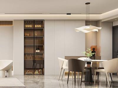 Modern Dining Living Room Interior With Round Table Chairs Wine Cabinet And Pendant Light 3d model