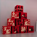 Red Themed Festival Decor Setup With Heart Shaped Props And Fu Characters Calendar