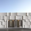 Modern Minimalist Commercial Storefront Design With Geometric Wall Panels And Glass Doors