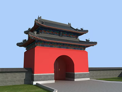 Traditional Chinese Entrance Gate With Red Wall Gray Base And Ornate Overhanging Eaves 3d model
