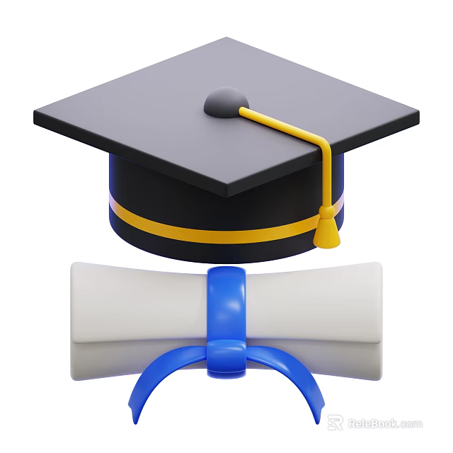 Graduation Cap With Yellow Tassel And White Diploma Scroll For Academic Achievement Symbol 3d model 