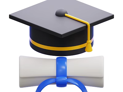 Graduation Cap With Yellow Tassel And White Diploma Scroll For Academic Achievement Symbol 3d model