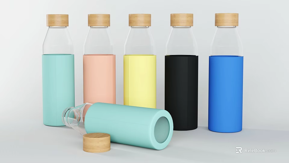 Transparent Glass Bottles With Wooden Lids And Colorful Silicone Sleeves In Various Colors 3d model 