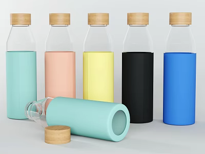 Transparent Glass Bottles With Wooden Lids And Colorful Silicone Sleeves In Various Colors 3d model