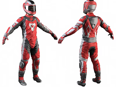 Man Wearing Red And Gray Motorcycle Suit With Helmet Front And Back Views 3d model