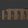 Ancient Historical Arched Structure Display With Standing Statues And Red Flag