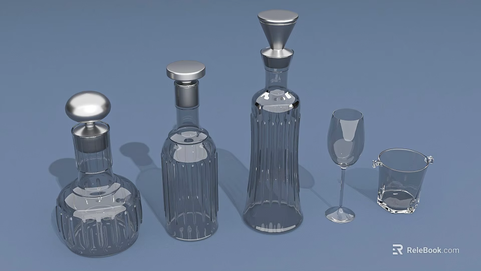 Transparent Glass Cups Arranged With Glass Bottles And Wine Glass On Blue Background 3d model 