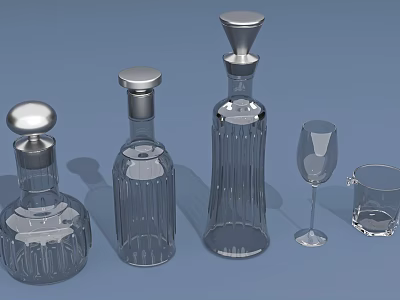 Transparent Glass Cups Arranged With Glass Bottles And Wine Glass On Blue Background 3d model