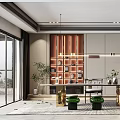 Modern Tea Room Interior Design With Wooden Shelves Tea Sets Green Plants And Tables