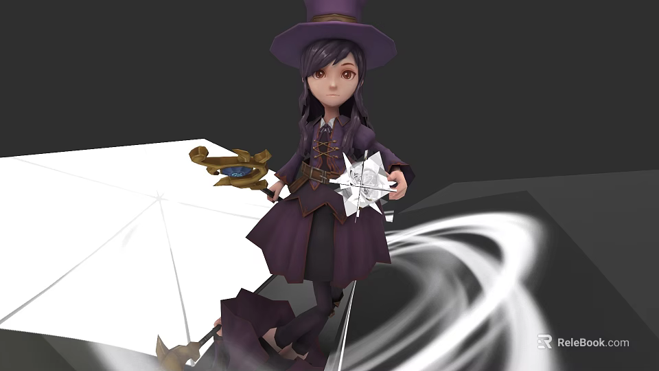 Woman In Purple Robe Wizard Hat Holding Star Object Staff On White Platform Swirling Rings 3d model 