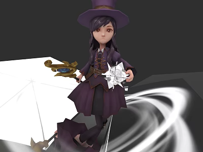 Woman In Purple Robe Wizard Hat Holding Star Object Staff On White Platform Swirling Rings 3d model