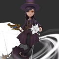 Woman In Purple Robe Wizard Hat Holding Star Object Staff On White Platform Swirling Rings