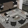 Modern Living Room With Beige L-shaped Sofa And Glass Coffee Table Set Black Chairs