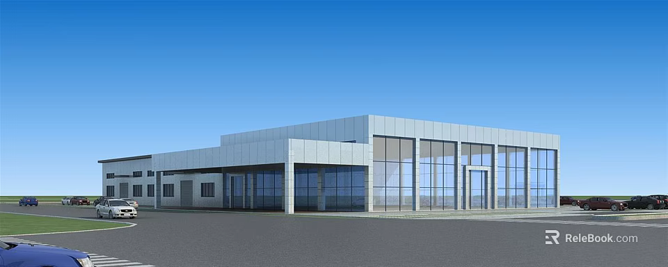 Modern Commercial Building With Glass Facade And Metal Structure Under Blue Sky 3d model 