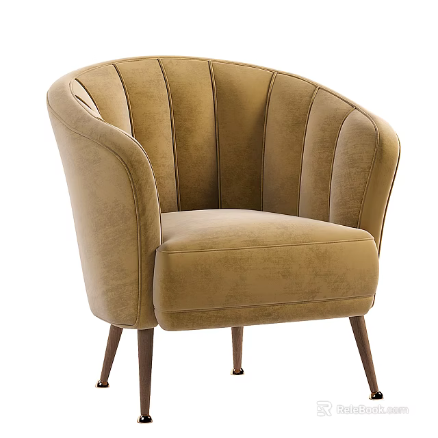 Beige Velvet Upholstered Accent Chair With Scalloped Back And Dark Wooden Legs 3d model 