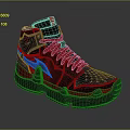 High Top Black Red Patterned Sneakers With Red Laces Gray Sole And Tongue Logo