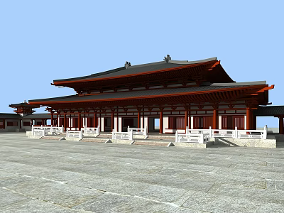 Traditional Chinese Ancient Architecture With Curved Eaves Red Columns Gray Tiled Roof 3d model