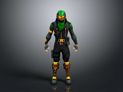 Ninja Character In Black Green And Gold Detailed Costume With Helmet 3d model