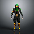 Ninja Character In Black Green And Gold Detailed Costume With Helmet
