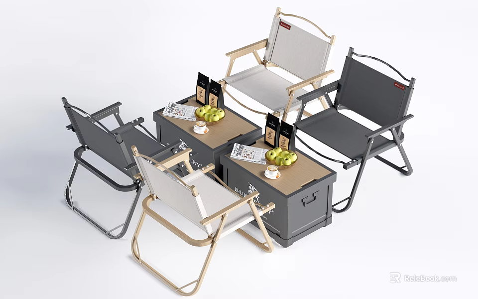 Foldable Outdoor Table Chair Set With Metal Frame Multi Color Design And Fruits On Table 3d model 