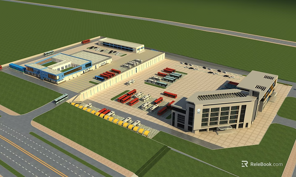 Aerial Planning of Commercial Building Complex With Parking Lots Vehicles Roads and Green Areas 3d model 